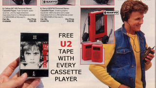 Vintage ad promising a free U2 tape with every Walkman is fake